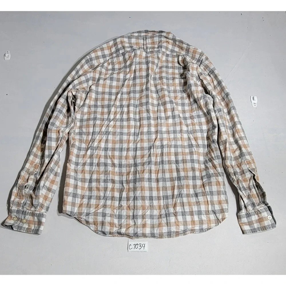 Banana Republic Luxe Flannel Slim Fit Shirt Mens Medium Tan Grey‎ Plaid Cotton